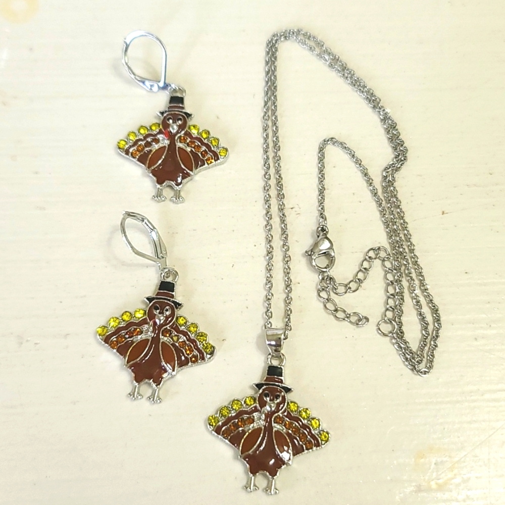 Turkey Rhinestone Necklace Dangle Earrings NWT Thanksgiving
